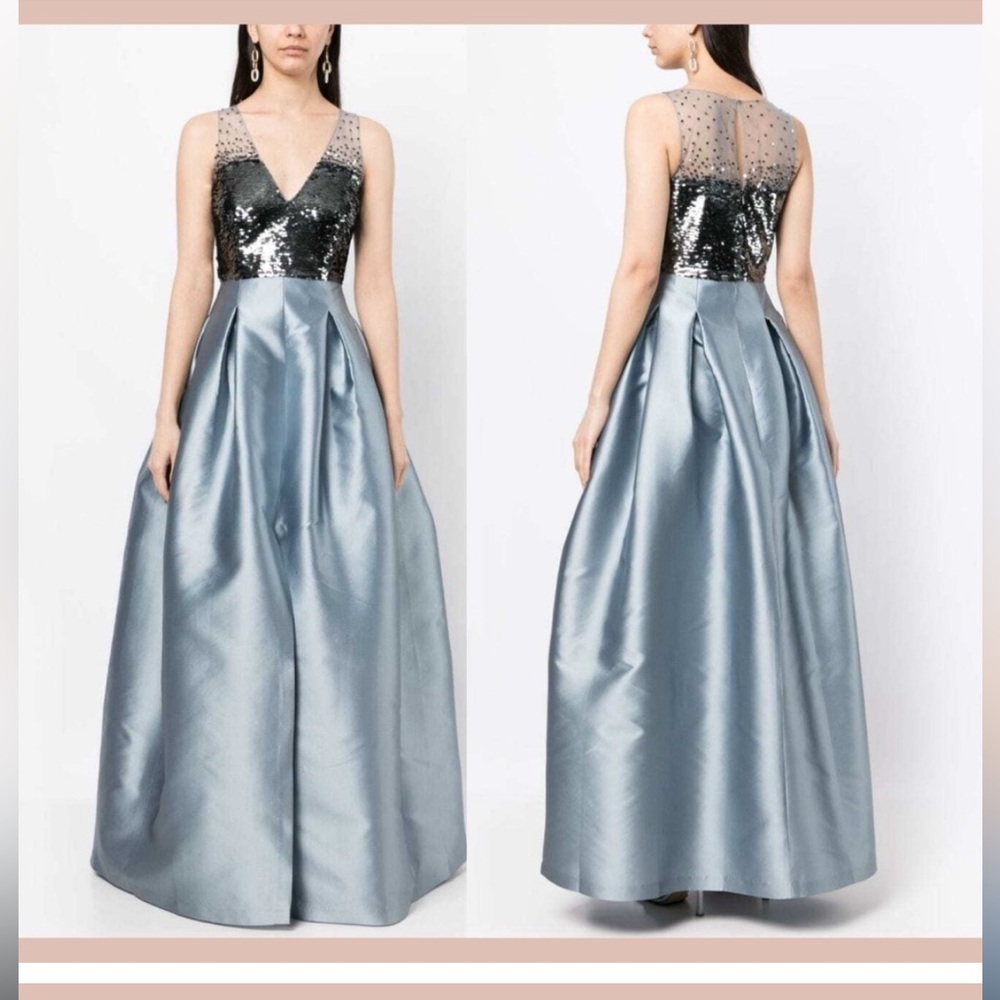 SACHIN & BABI. Size 2. A Line Sequin Erica Ball Gown Silver
Ash Blue